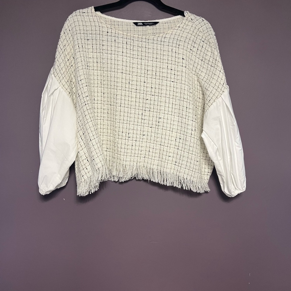 Zara Textured Tweed Look Fringe Hem Crop Top Shirt Puff Sleeve XL